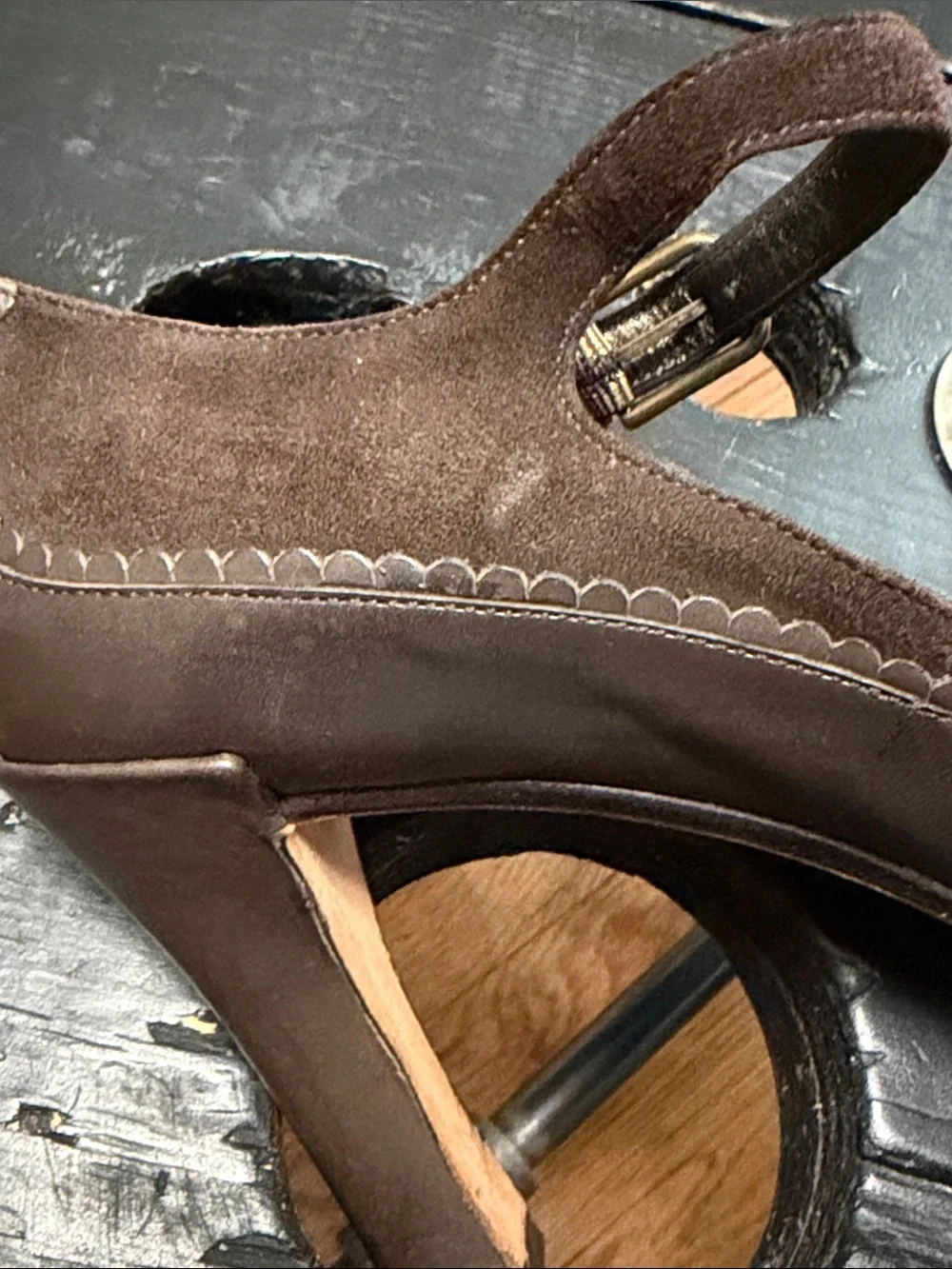 Cole Haan Dark Brown Suede & Leather Scallop Trim Mary Jane Heels